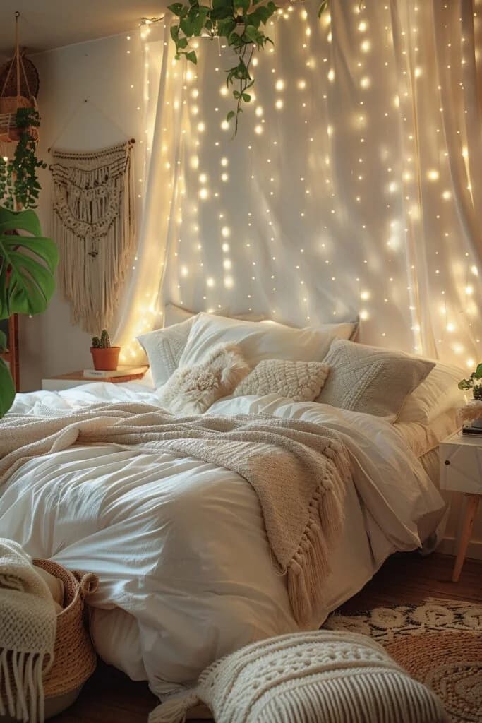 Boho bedroom with fairy lights and layered textiles