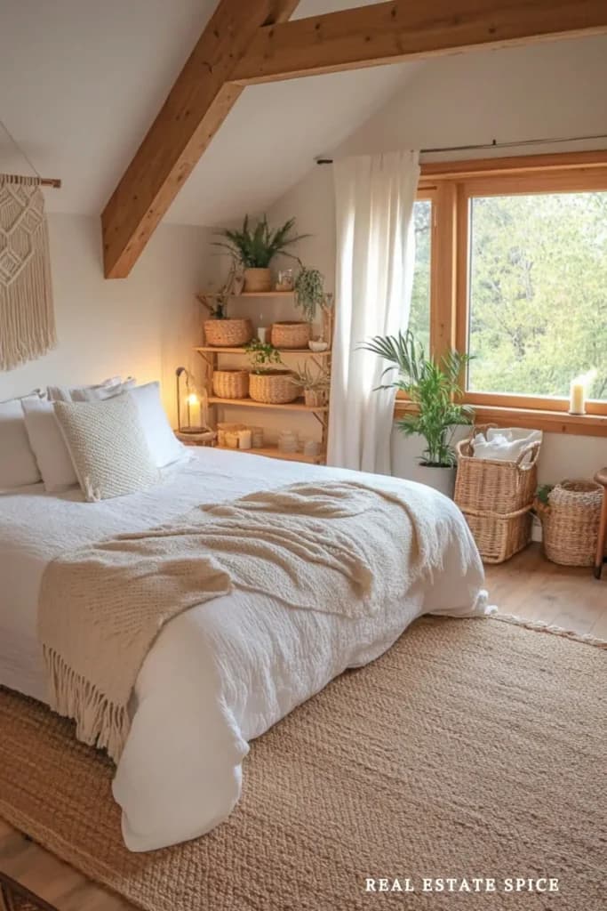 Boho bedroom with woven baskets and earthy tones
