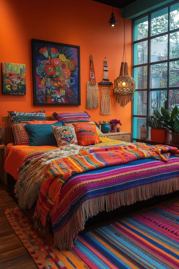 Boho bedroom with sunset lamp and floral accents