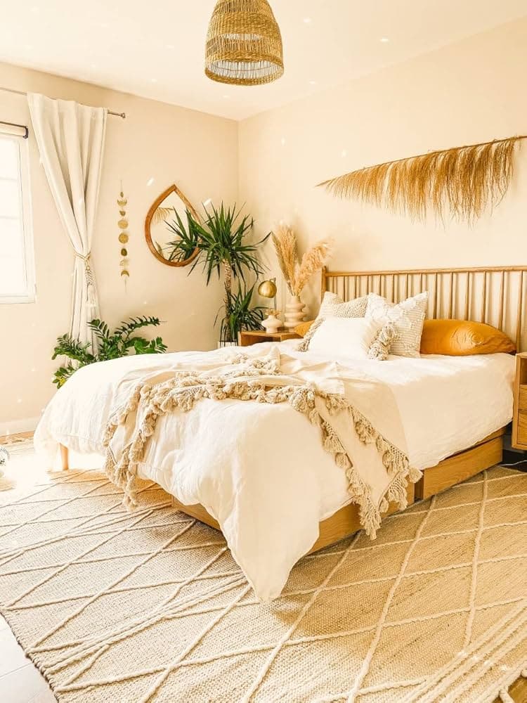 Boho bedroom with moon lamp and layered textures