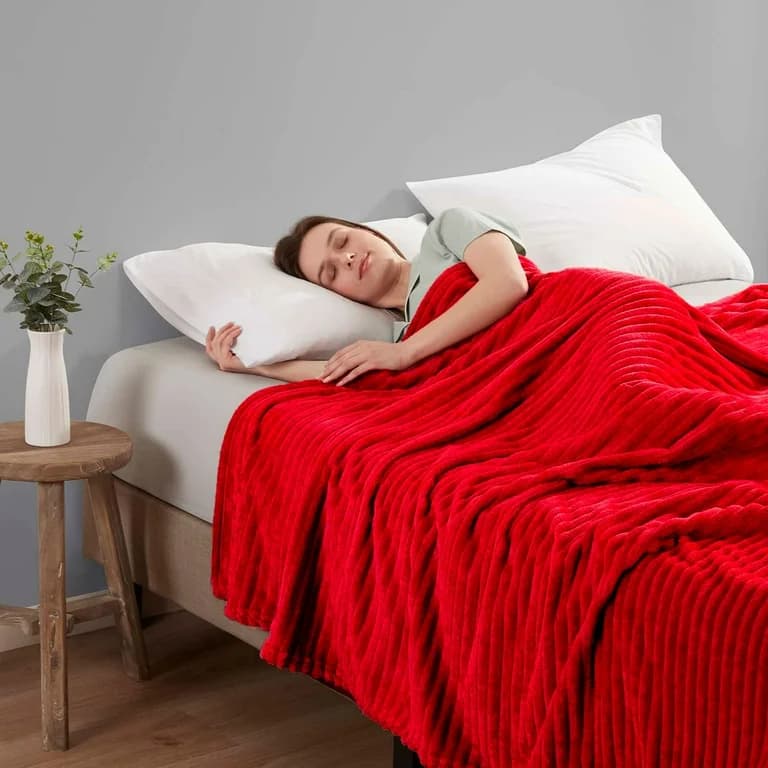 Room with cherry red throw blanket and vases