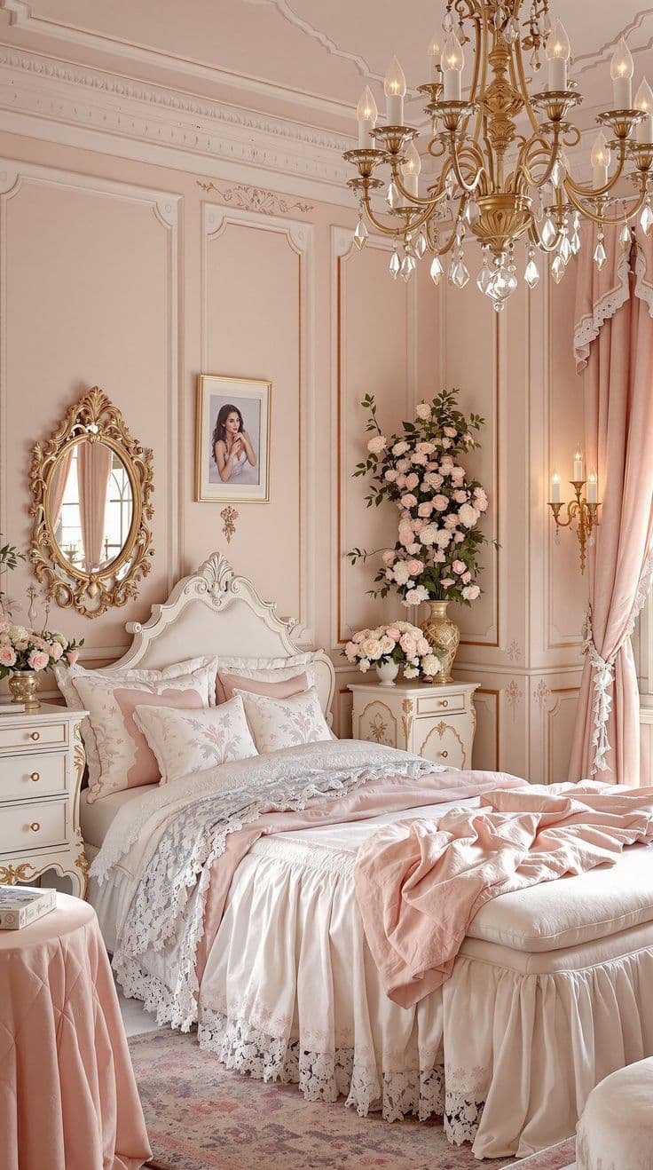 Coquette bedroom with satin bow and fairy lights