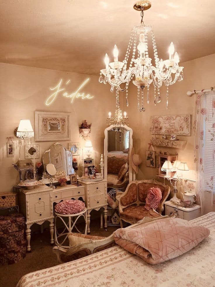 Coquette bedroom with neon heart and floral wallpaper