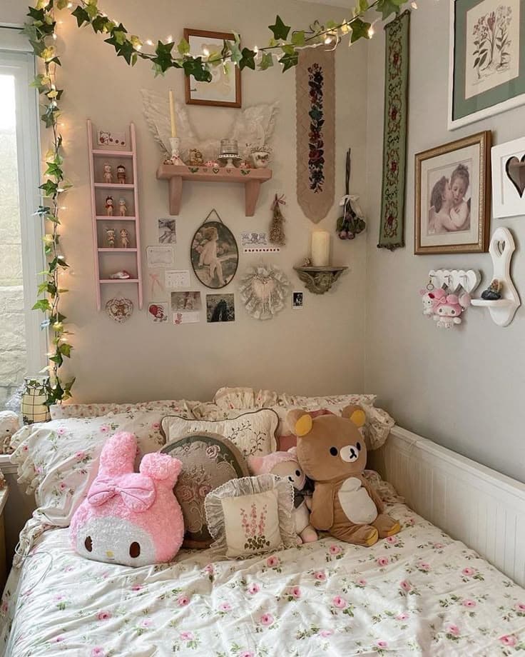Coquette bedroom with fairy light canopy and pastel decor