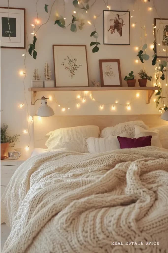 Minimalist bedroom with neutral bedding and floating shelf