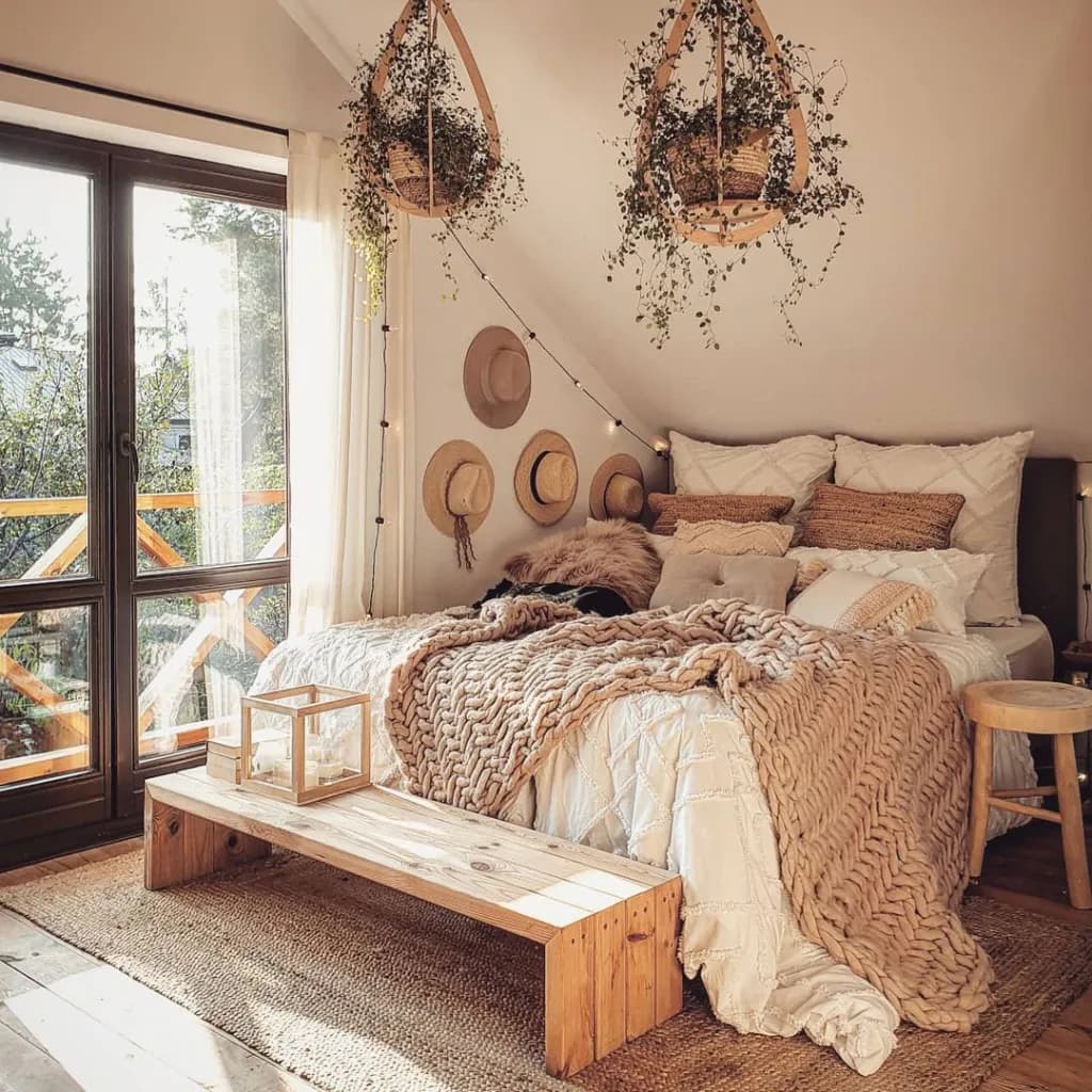 Minimalist bedroom with woven wall hanging and LED sconce