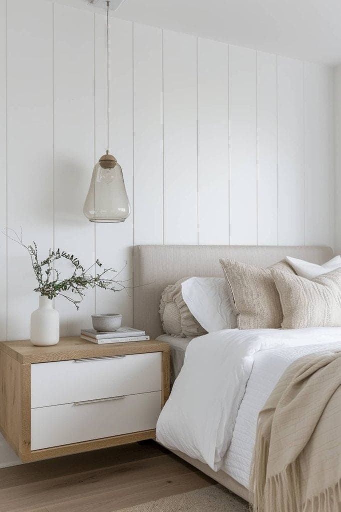 Minimalist bedroom with floating nightstand and pampas grass