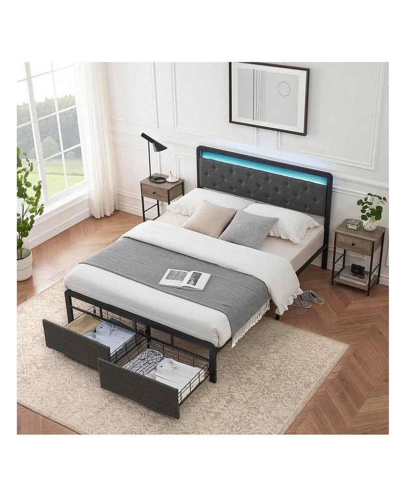 Minimalist bedroom with storage baskets and LED lighting