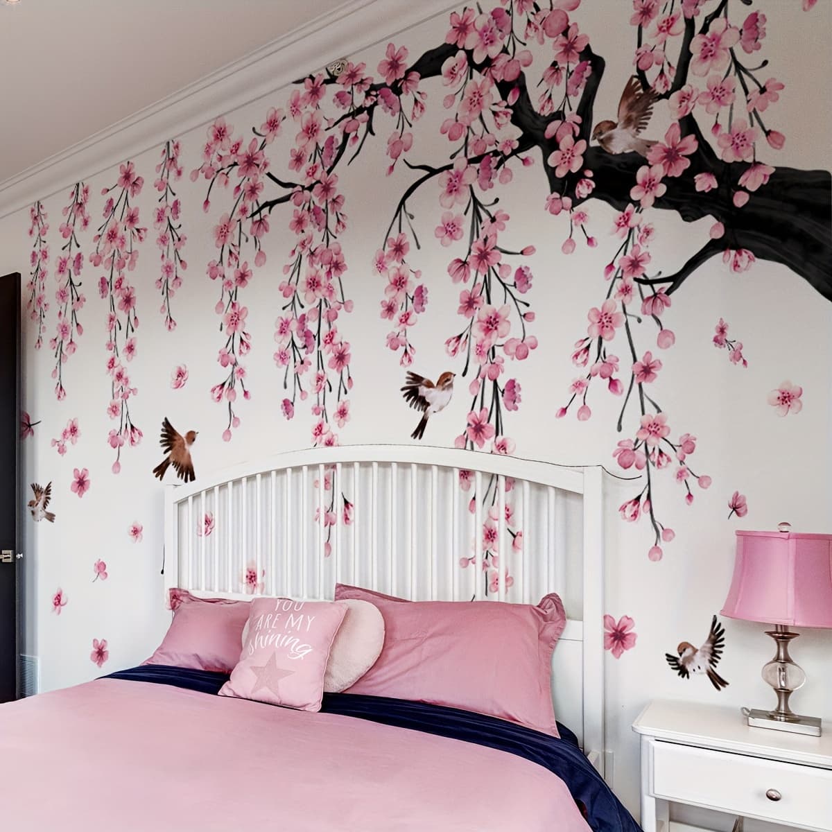 Spring room with cherry blossoms and watercolor art