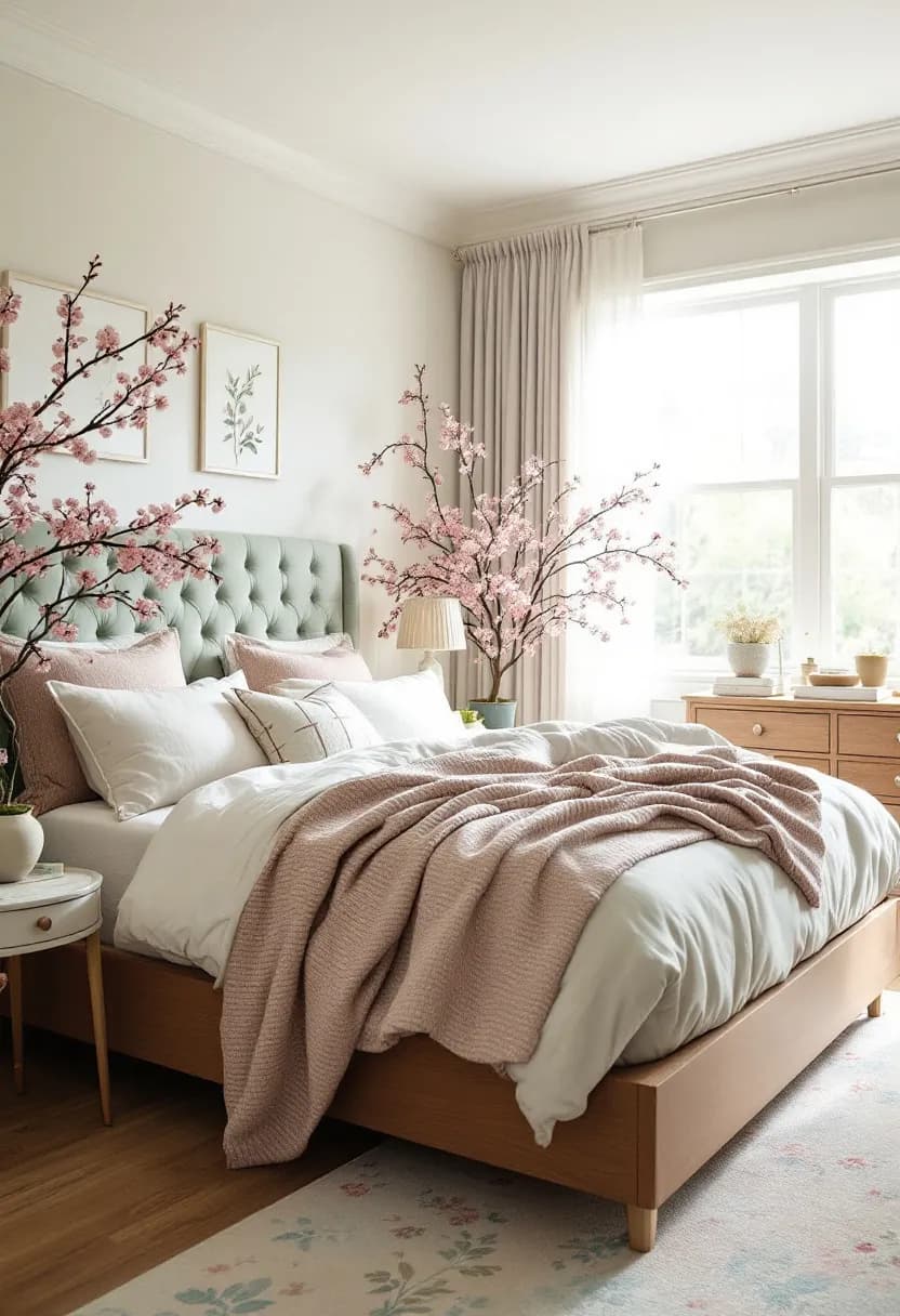 Spring room with seagrass basket and sheer curtains