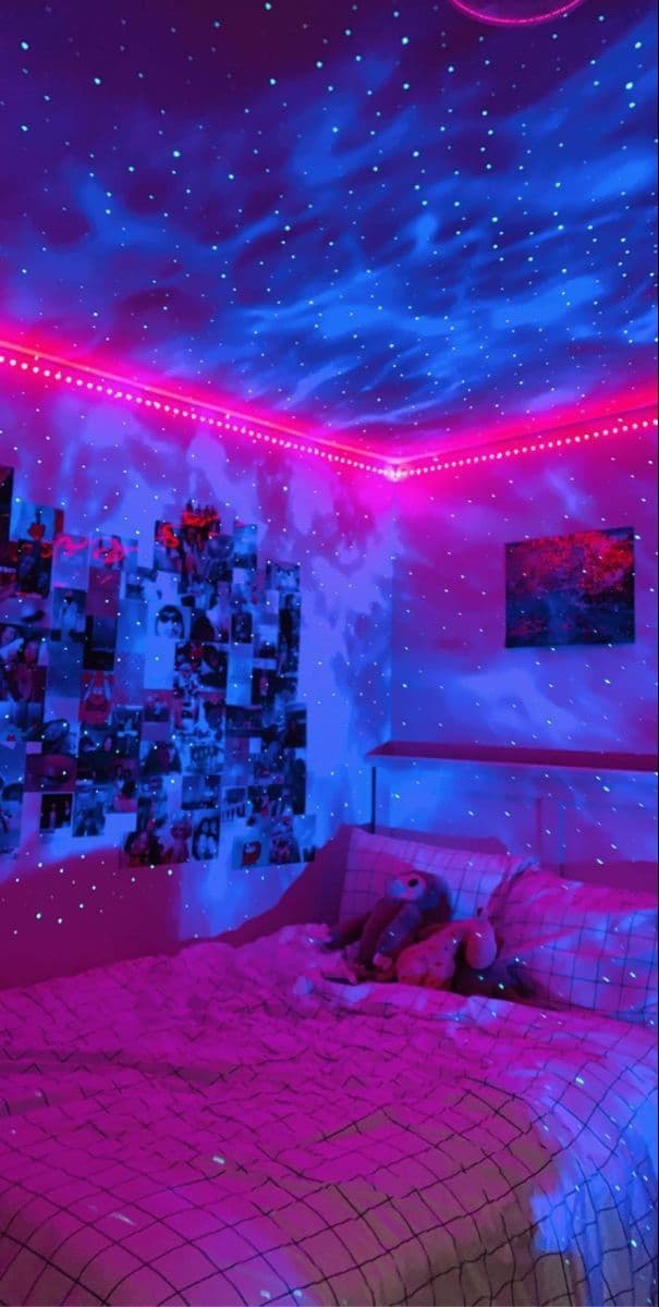 Teen room with galaxy projector and cozy decor