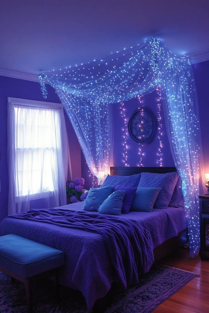 Teen room with fairy light canopy and pastel accents