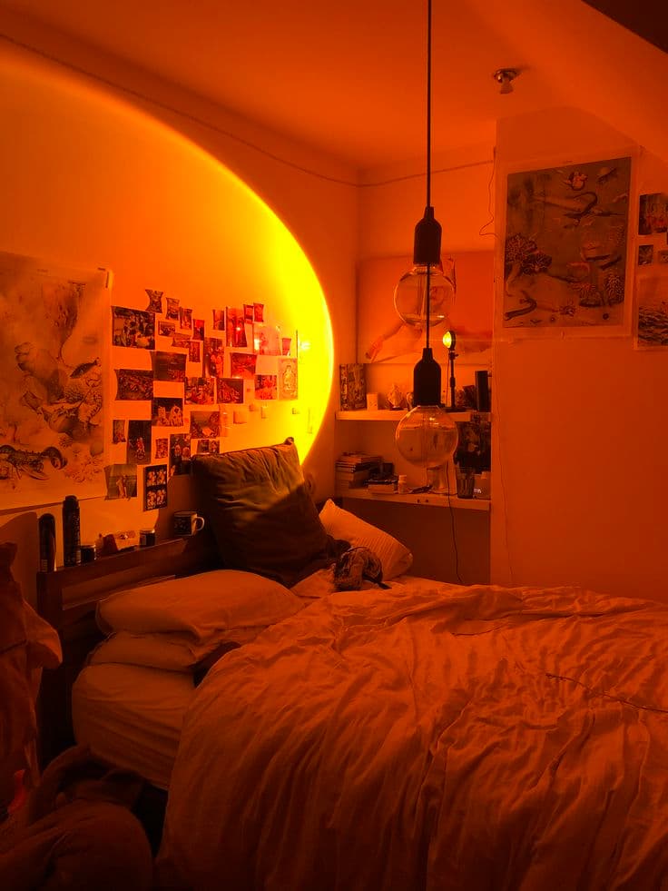 Teen room with sunset lamp and bold colors